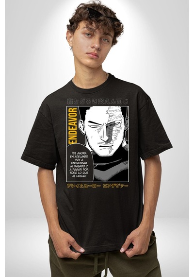 Enji Todoroki Manga Pamuklu Bisiklet Yaka Unisex Oversize Boyfriend Dijital Baskılı Siyah T-shirt Siyah