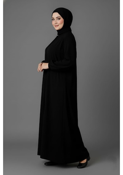Mismoly Medine İpeği Mevlana Kesim Cepli Kuşaklı Bol Büyük Beden Ferace Siyah