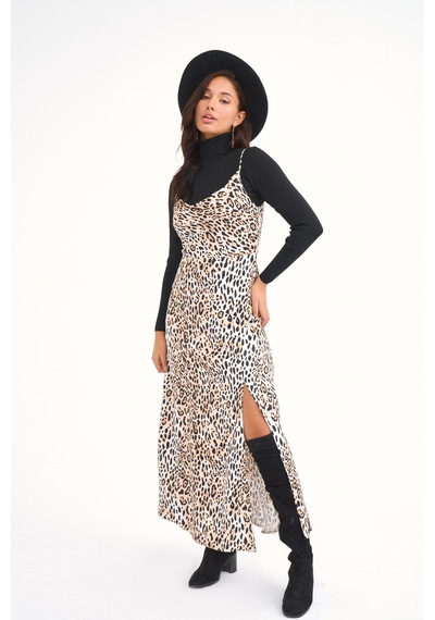 Sateen Leopar Desenli Saten Elbise - Leopar