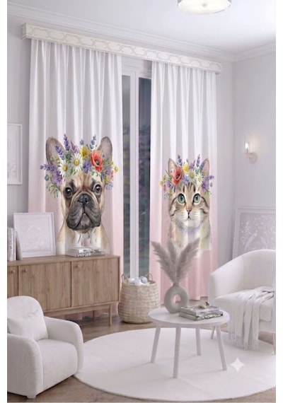 Bebek Çocuk Odası Fon Perdesi 140x260 Cm 2 Kanat Sevimli Desenli Dekoratif Dijital Baskılı Premium Çocuk Odası Perdesi Bej