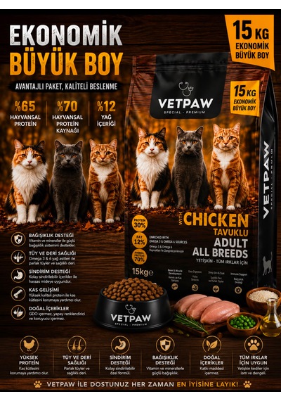 Vetpaw Tavuklu Yetişkin Kedi Maması 15 Kg Premium - Tüm Irklar İçin Kuru Kedi Maması