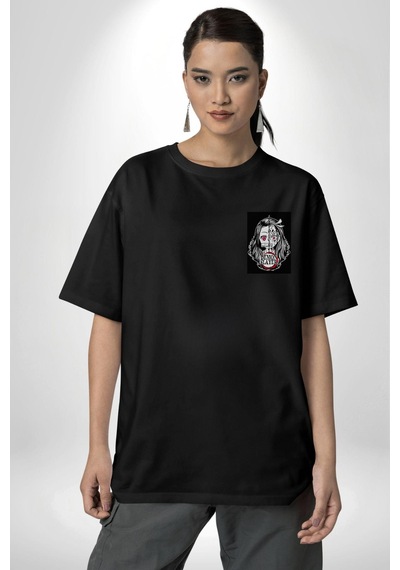 Anime Demon Slayer Siyah Oversize Unisex Ön Sol Yan Minimal Baskılı Tişört Koyu Siyah