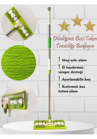 Sihirli Teleskobik Mandallı Mop.yedek Bez Hediyeli.fayans,duvar,yüzey Ve Cam Temizlik Paspası Yeşil