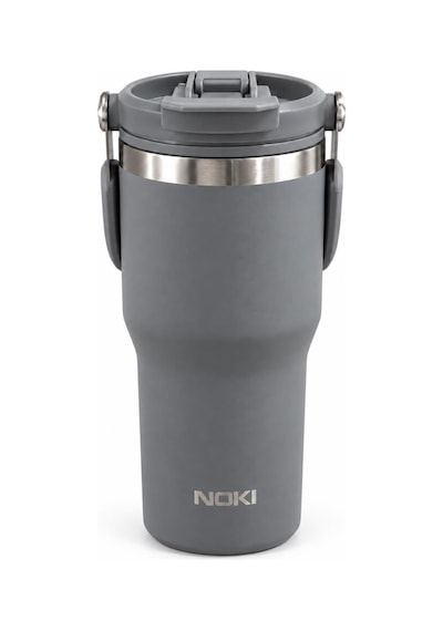 Noki T-0138 600 Ml Paslanmaz Çelik Tumbler Termos Bardak, Pipetli Ve Düz İçim, Sızdırmaz Kapak Gri