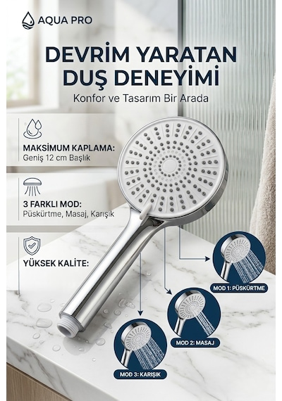 3 Fonksiyonlu Duş Başlığı Büyük Model Gri