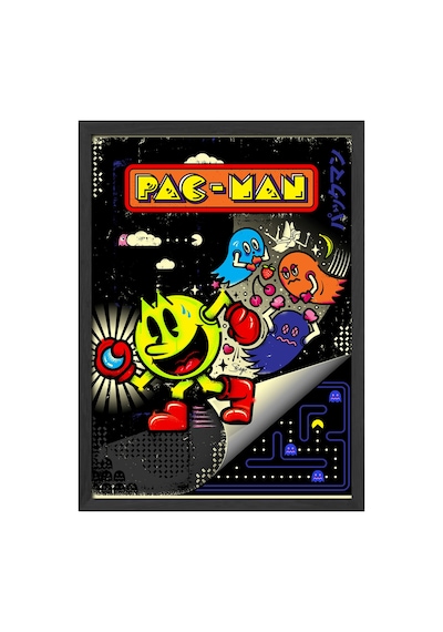 Pac-man Siyah Ahşap Çerçeveli Poster, Dekoratif Oyun Duvar Tablosu