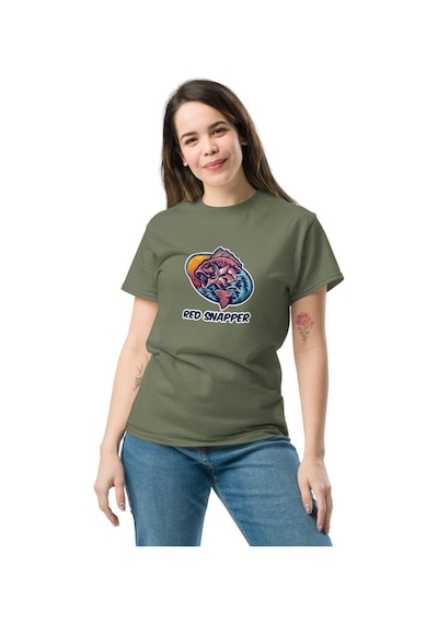 Wildstyle Red Snapper Balık Balıkçılık Deniz Vintage Balıkçı Baskılı Unisex Bisiklet Yaka Pamuklu Tişört Haki
