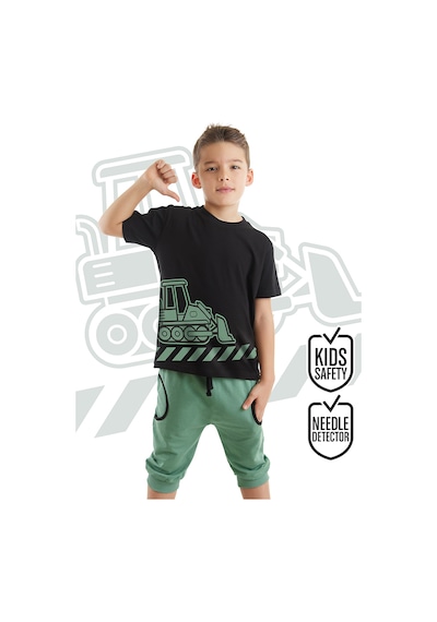 Dozer Yolda Yeşil Erkek Çocuk Yazlık T-shirt Cepli Kapri Şort Takım