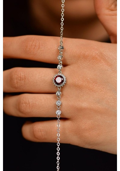 Roza Silver Yakut Taşlı Rodyum Yuvarlak Anturaj Gümüş Bileklik