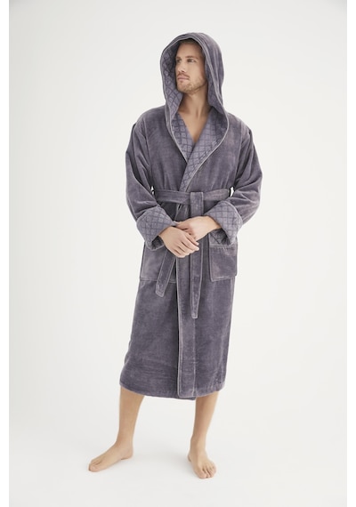 Yaka Jakarlı %100 Cotton Erkek Bornozu Gri