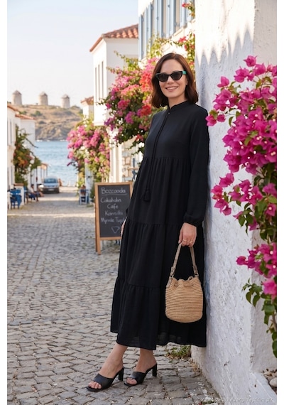 Lela Modest Regular Fit Dik Yaka Uzun Bayan Elbise 611El545 Siyah
