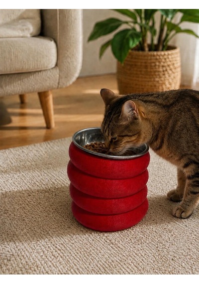 Kedi Mama Kabı Yükseltici Mat Dokulu Dalgalı Kaideli Paslanmaz Çelik İç Kase Siyah / Pembe / Kırmızı
