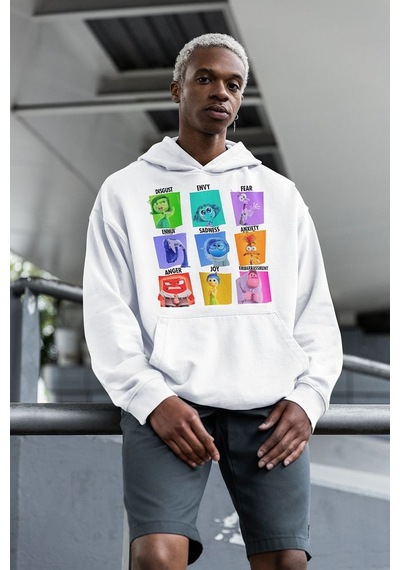 Çizgi Film Ters Yüz Baskılı Unisex Oversize Insiide Out Hoodie Beyaz