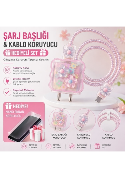 İphone 15 Plus Uyumlu Nano Ekran Koruyucu Hediyeli Şarj Başlığı & Kablo Koruyucu Koruma Seti Lacivert