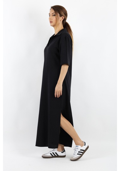 Ritnice Kadın Basic Siyah Polo Yaka Yırtmaçlı Elbise