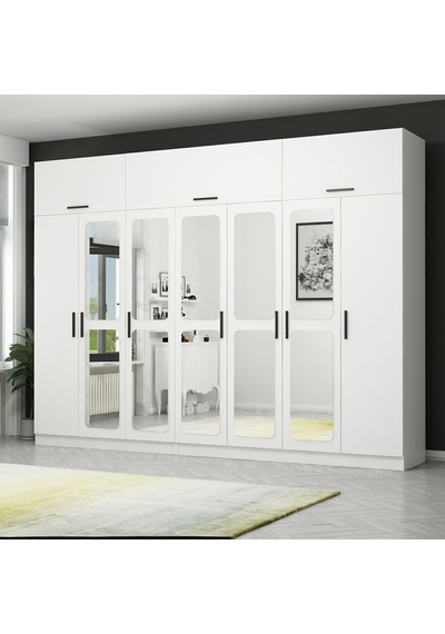 Kale 7 Kapaklı 4 Çekmeceli Aynalı Zincir Dolap-yüklük - Beyaz 235cm Beyaz