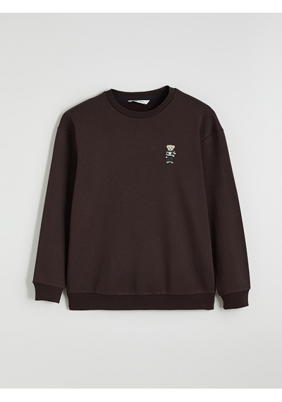 Lcw Vision Kahverengi Bisiklet Yaka Ayı Teddy Baskılı Erkek Kalın Sweatshirt