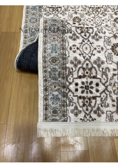 Merinos Çiçekli Otantik Krem Kahve Yeşil Kalın Kaymaz Taban Kesm Saçaklı Yeşil-krem