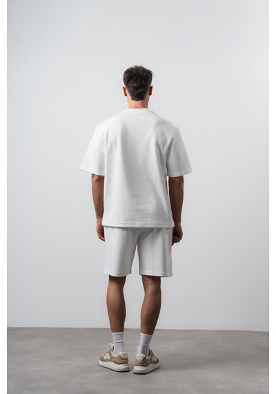 Erkek Nakış Detaylı Regular Fit T-shirt Şort Takım Ekru