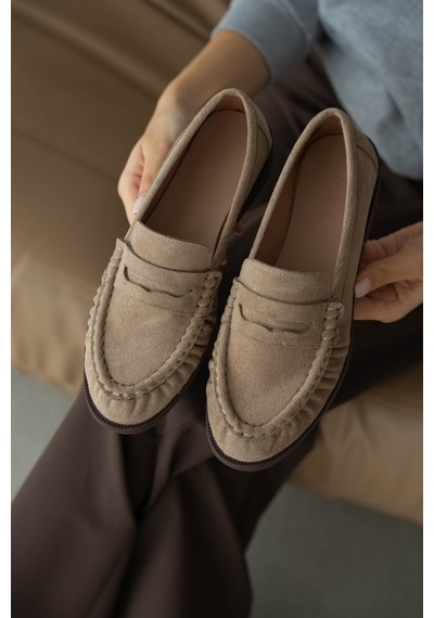 Selin Shoes Lurein Büzgülü Hafif Kalın Topuk Kadın Loafer- Vizon Süet
