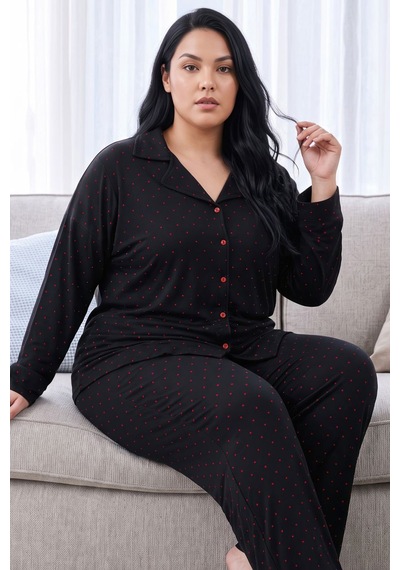 Siyah İnci Siyah Desenli Termal Kumaşlı Ultra Soft Yumuşak Büyük Beden Battal Boy Düğmeli Örme Pijama Takımı Siyah İnci Siyah Desenli Termal Kumaşlı Ultra Soft Yumuşak Büyük Beden Battal Boy Düğmeli Örme Pijama Takımı