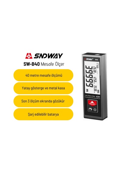 Tr Sw-b40 Geniş Yatay Göstergeli Metal Lazermetre 40 Metre Şarj Edilebilir