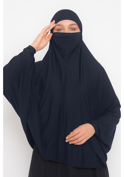 Altobeh Kollu Sufle Çarşaf Üstü Peçeli Pratik Tesettür Hijab - Nikaplı Namaz Örtüsü - Lacivert
