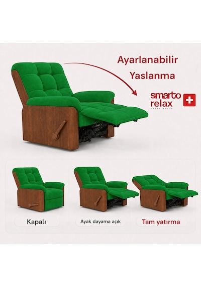 Smarto Relax Ticino Manuel Mekanizmalı Ayak Uzatmalı Ahşap Yan Panelli Polyester Tv Koltuğu Baba Koltuğu Yeşil