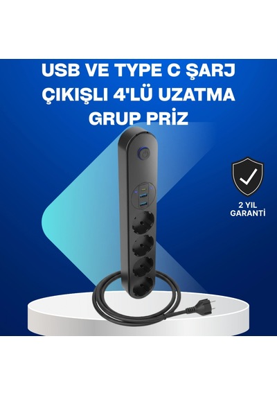 4 Lü Akım Korumalı Çoklu Priz 2 Usb, Type-c, 2500w Ve 2 Metre Kablo Diğer