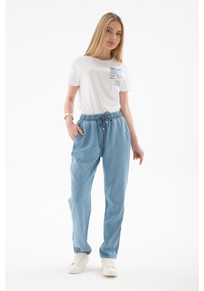 25y0657k1 Kadın Beli Bağlamalı Denim Pantolon A.mavi