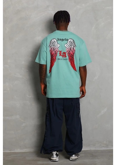 Erkek Kısa Kol Tişört Bisiklet Yaka Kanat Baskılı Oversize T-shirt - Mint Yeşili