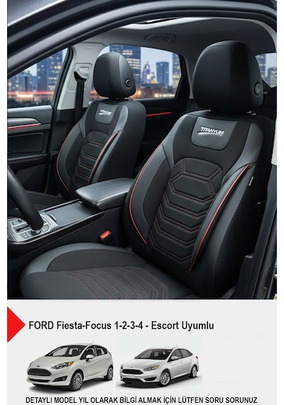 Titanyum Serisi Lüks Keten Oto Koltuk Kılıfı - Ford Focus-fiesta İle Uyumlu Kırmızı
