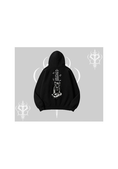 Tarzsokak Dj Kedi Baskılı Müzik Temalı Kapşonlu Sweatshirt Siyah