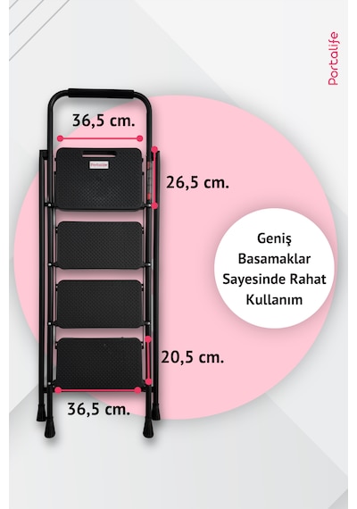 Portalife 4 Basamaklı Uzun Tutacaklı Şık Siyah Çelik Merdiven 150 Cm'ye Kadar