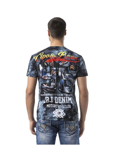 Cipo & Baxx Erkek Grafik Baskılı Tişört Vintage Motosiklet Temalı Bisiklet Yaka Casual Pamuklu Erkek Tişört Ct821 Mavi