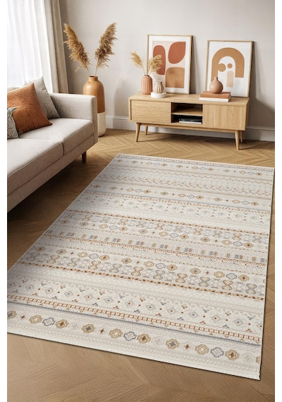 Icon Ic008r Krem Halı Renkli Kilim Desenli Akrilik Ve Pamuk Tabanlı 4 Mevsim Salon Halısı-753 Krem