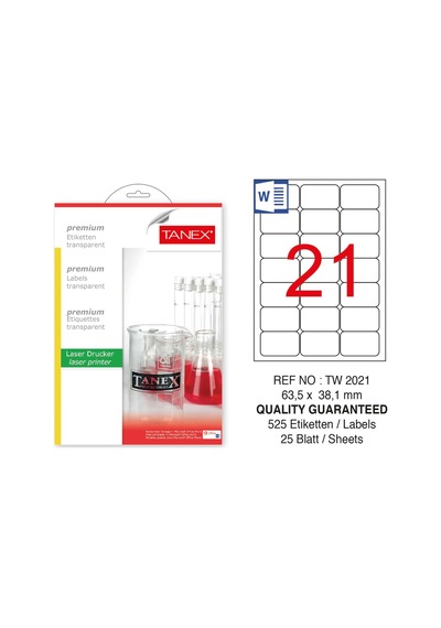 Tanex Tw-2021Ş 65.5X38.1 MM Şeffaf Lazer Etiket 525 Li