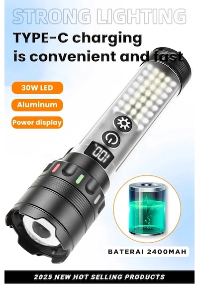 Go İthalat Güçlü Taktik Led El Feneri Paweınuo Sdt53 3800lm, 35w, Yan Cob Aydınlatma Ve Type-c Şar Siyah
