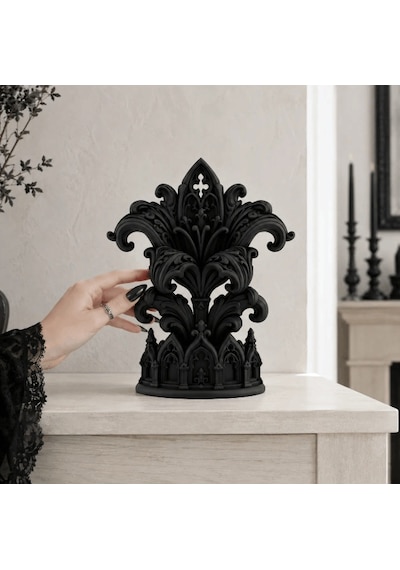 Zeroxo Büyük Boy Gotik Katedral Tasarımlı Siyah Dekoratif Obje, Zambak Motifli Dark Academia Konsol Süsü, Barok Tarzı Masaüstü Heykel 12x15 Cm