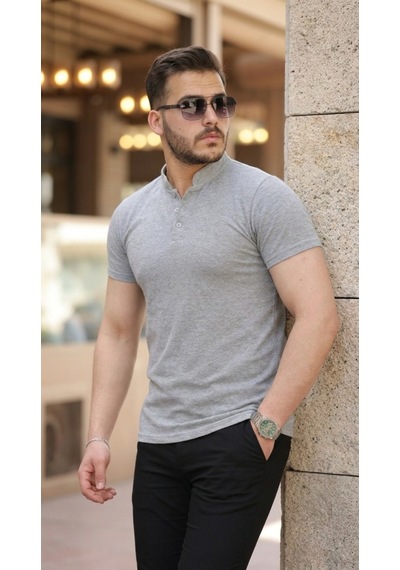 Veraura Lifestyle Erkek Hakim Yaka Dokuma Pamuklu Kumaş Kısa Kollu T-shirt gri