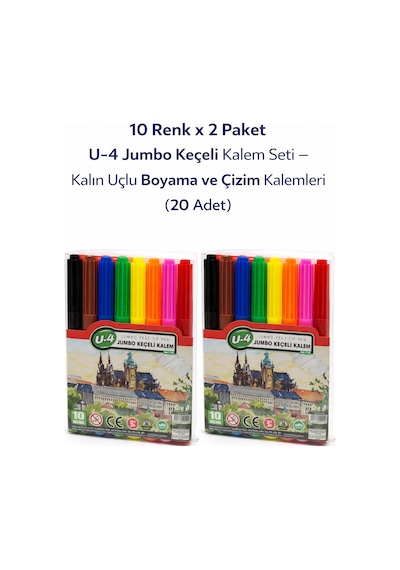 U-4 Jumbo Keçeli Kalem 10 Renk X 2 Paket Kalın Uçlu Boyama Ve Çizim Kalemi Seti 20 Adet