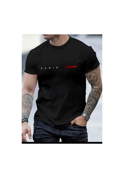 Medinenur Paris Yazı Detaylı Basic T-shirt Siyah