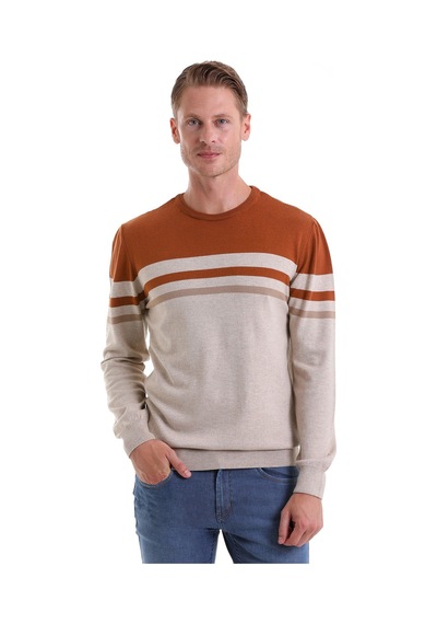 Hatemoğlu Bej Comfort Fit Desenli Pamuklu Bisiklet Yaka Casual Triko Kazak Bej