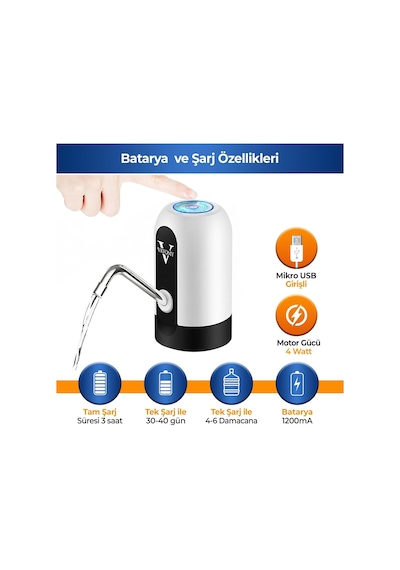 Vayomy 4 W Şarjlı Otomatik Damacana Su Pompası 1200 Mah Bataryalı, Bpa İçermez, Ce Belgeli Su Dispenseri Beya