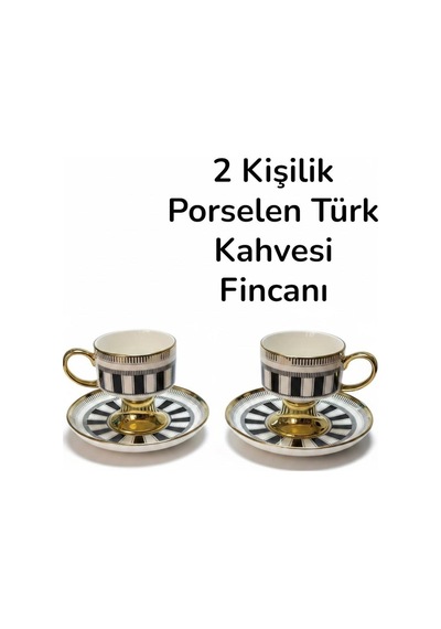 2 Kişilik Altın Yaldızlı Porselen Türk Kahvesi Fincanı Siyah
