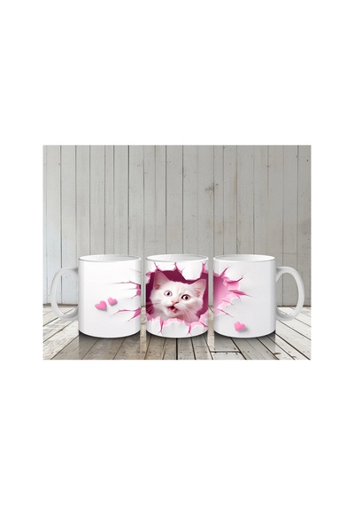 Pembe Kalplerle Süslenmiş Tatlı Kedi Baskılı Kahve Kupası Çok Renkli