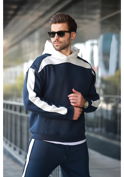 Madmext Lacivert Kapüşonlu Şerit Detaylı Erkek Eşofman Takımı E7326 Lacivert