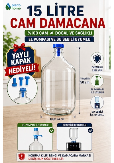 15 Litre Cam Damacana %100 Cam Sebil Ve El Pompası Uyumlu Yaylı Kapak Hediyeli Doğal, Sağlıklı Ve Dayanıklı Şeffaf