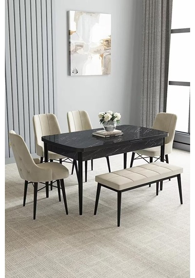 Loft Siyah Mermer 80x132 Açılabilir Mdf Masa Yemek Odası Takımı, Mutfak Takımı 4 Sandalye, 1 Bench Krem Loft Siyah Mermer 80x132 Açılabilir Mdf Masa Yemek Odası Takımı, Mutfak Takımı 4 Sandalye, 1 Bench Krem