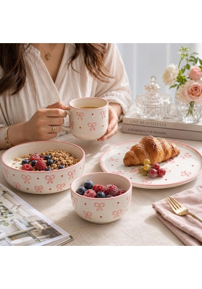 Seramik El Yapımı Kahvaltı Takımı 4 Parça Kahvaltı Seti Oval Seramik Sunum Tabağı Çeyizlik Takım, Pink Bow-k Diğer